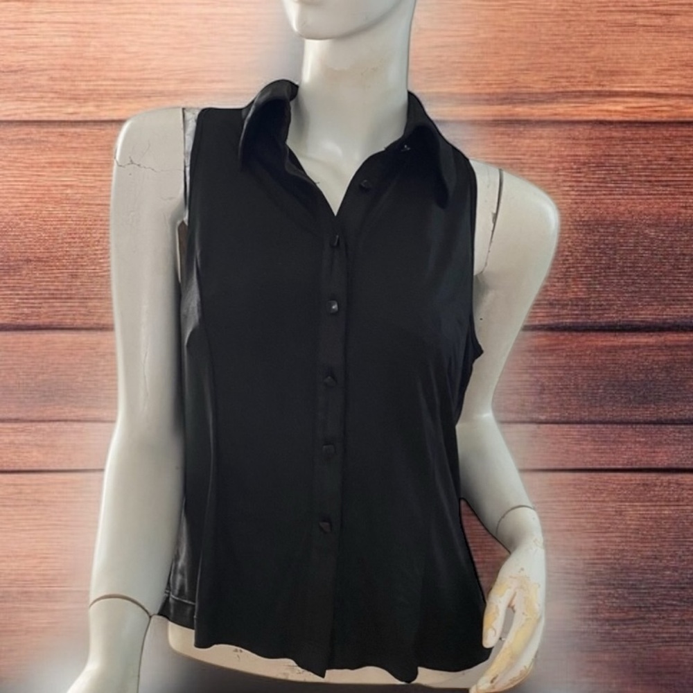 Clara Sun Woo black stretch racer back sleeveless collar button blouse M